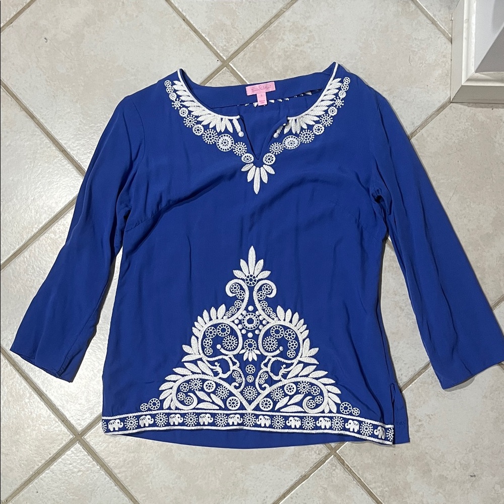 Lilly Pulitzer Blue Blouse with White Embroidery